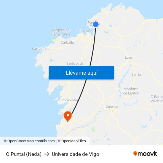 O Puntal (Neda) to Universidade de Vigo map