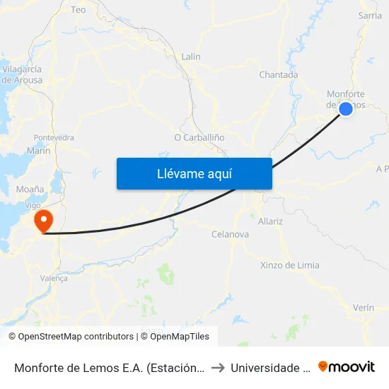 Monforte de Lemos E.A. (Estación de Autobuses) to Universidade de Vigo map