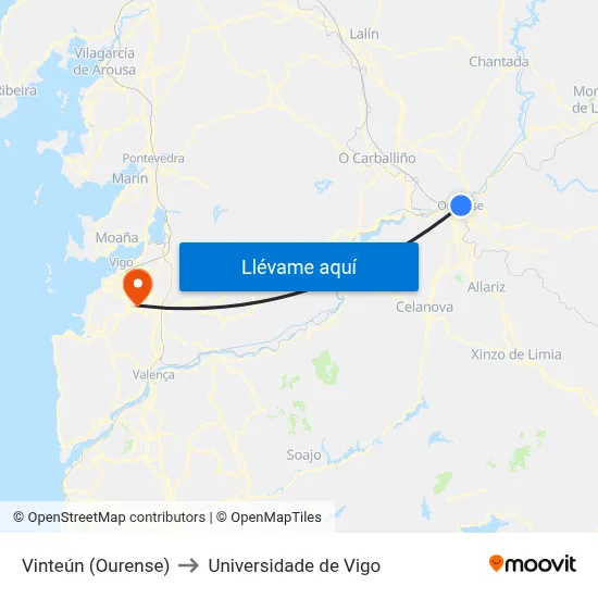 Vinteún (Ourense) to Universidade de Vigo map