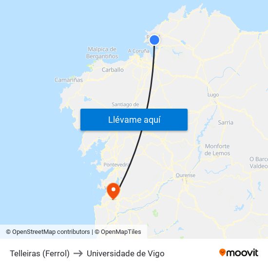 Telleiras (Ferrol) to Universidade de Vigo map
