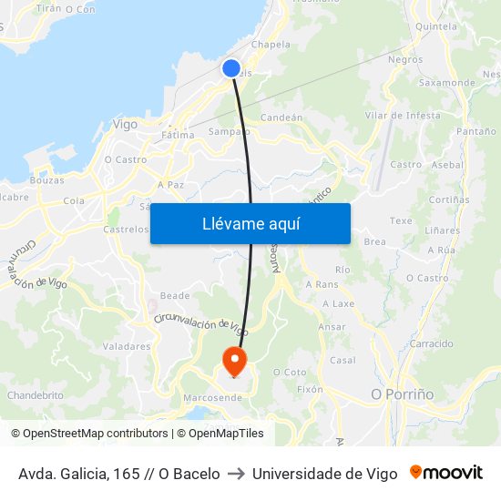 Avda. Galicia, 165 // O Bacelo to Universidade de Vigo map
