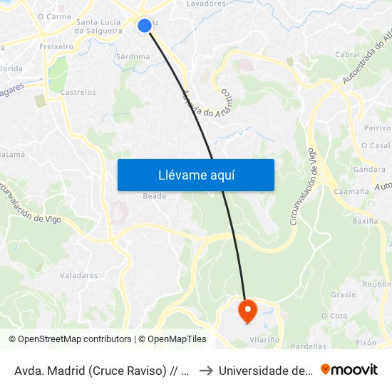 Avda. Madrid (Cruce Raviso) // O Raviso to Universidade de Vigo map