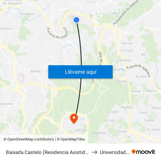 Baixada Castelo (Residencia Asistida) // O Monte do Areeiro to Universidade de Vigo map