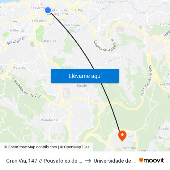 Gran Via, 147 // Pousafoles de Abaixo to Universidade de Vigo map