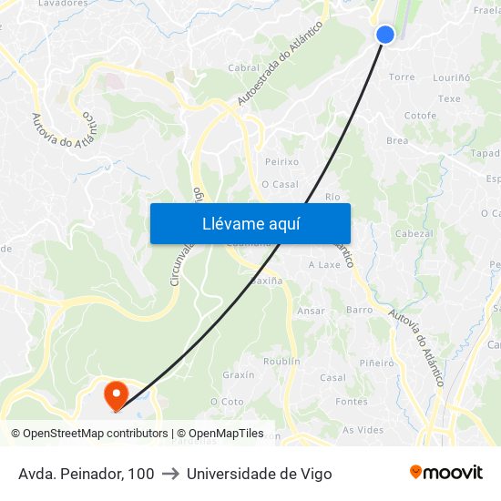 Avda. Peinador, 100 to Universidade de Vigo map