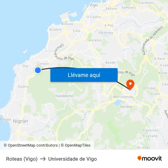 Roteas (Vigo) to Universidade de Vigo map