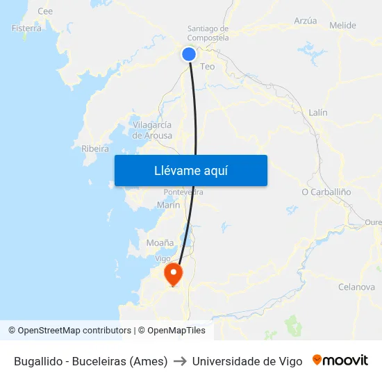 Bugallido - Buceleiras (Ames) to Universidade de Vigo map