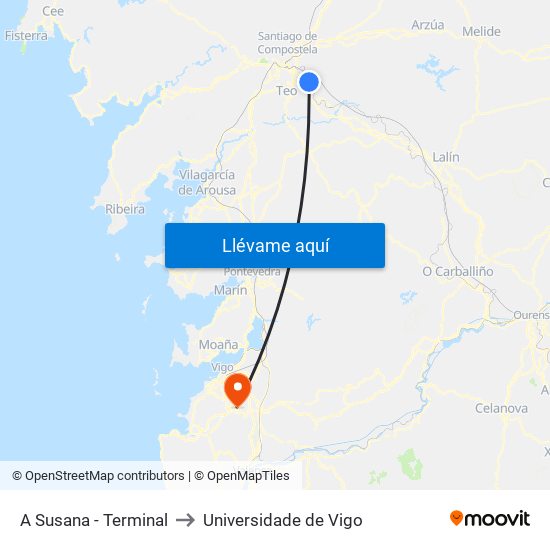 A Susana - Terminal to Universidade de Vigo map