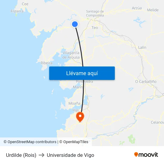 Urdilde (Rois) to Universidade de Vigo map