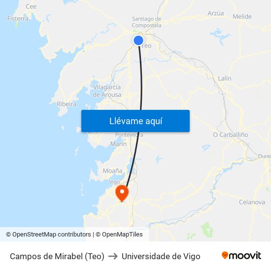 Campos de Mirabel (Teo) to Universidade de Vigo map