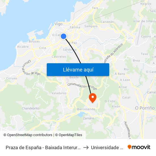 Praza de España - Baixada Interurbanos (Vigo) to Universidade de Vigo map