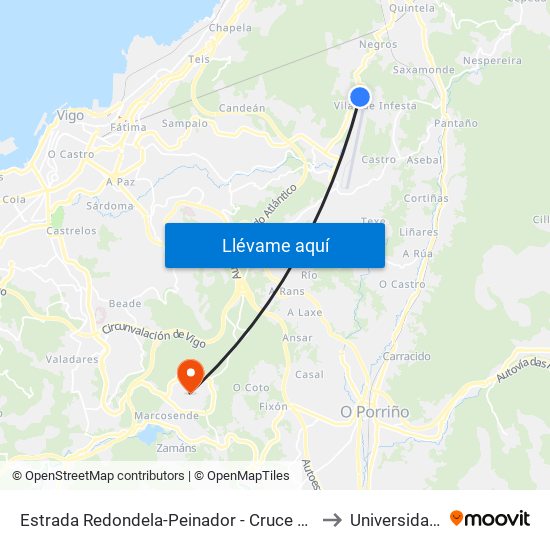 Estrada Redondela-Peinador - Cruce Cño.Fonte da Lata (Redondela) to Universidade de Vigo map