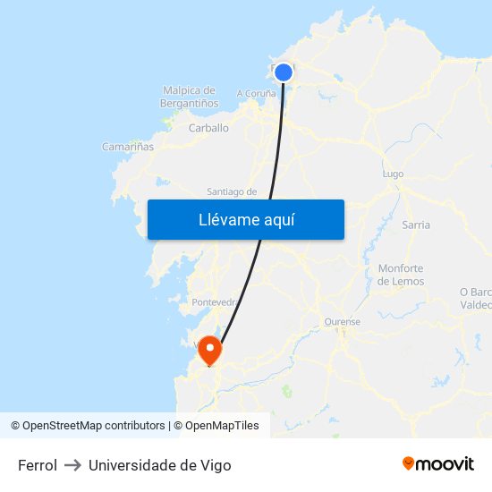 Ferrol to Universidade de Vigo map