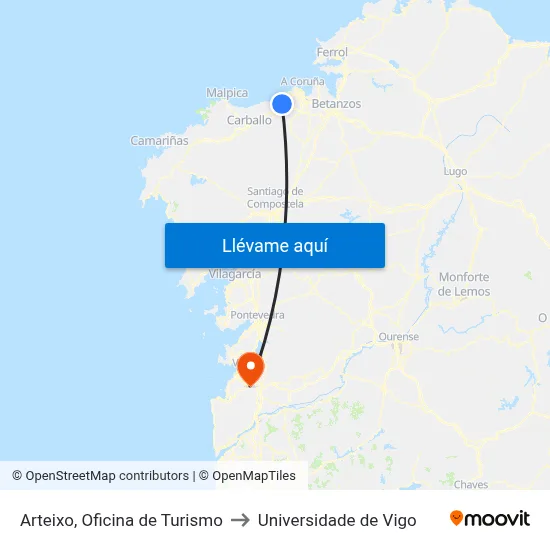 Arteixo, Oficina de Turismo to Universidade de Vigo map