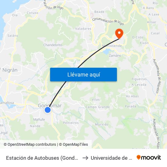 Estación de Autobuses (Gondomar) to Universidade de Vigo map