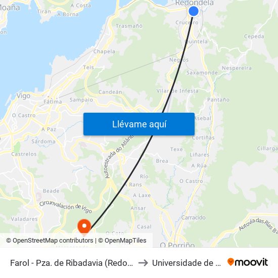 Farol - Pza. de Ribadavia (Redondela) to Universidade de Vigo map