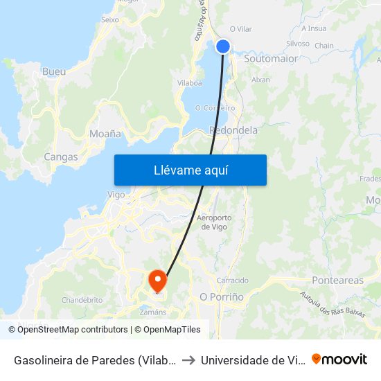 Gasolineira de Paredes (Vilaboa) to Universidade de Vigo map