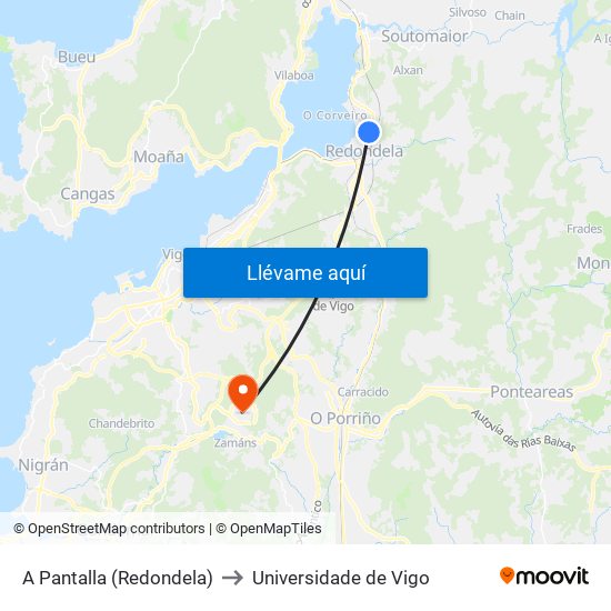 A Pantalla (Redondela) to Universidade de Vigo map