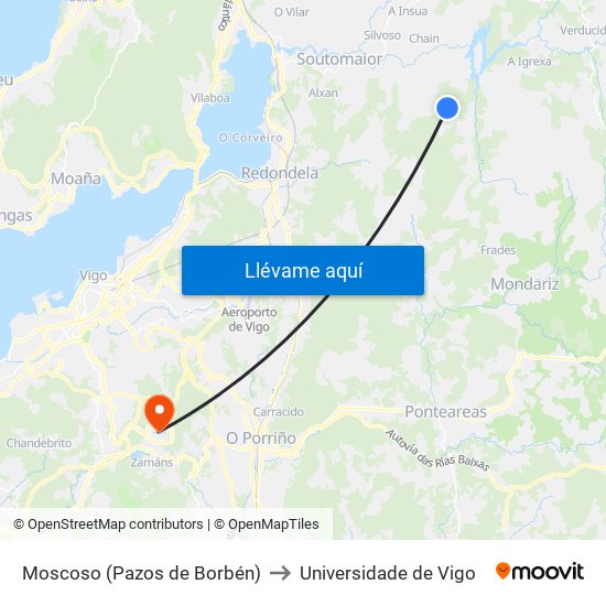 Moscoso (Pazos de Borbén) to Universidade de Vigo map