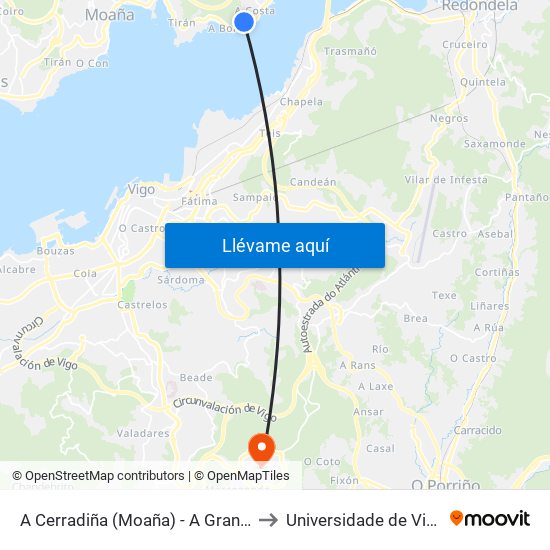 A Cerradiña (Moaña) - A Granxa to Universidade de Vigo map