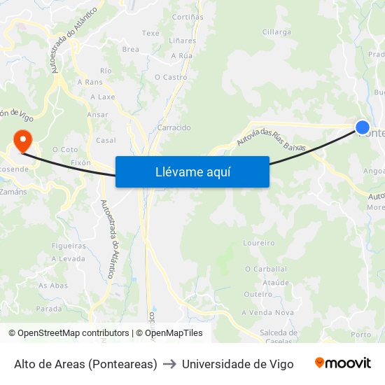 Alto de Areas (Ponteareas) to Universidade de Vigo map