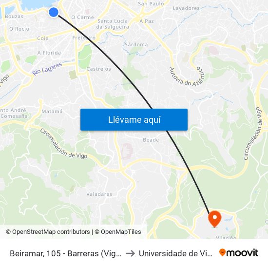 Beiramar, 105 - Barreras (Vigo) to Universidade de Vigo map