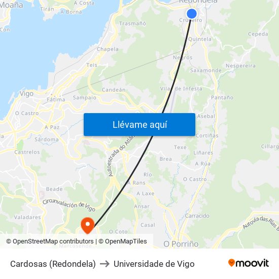Cardosas (Redondela) to Universidade de Vigo map