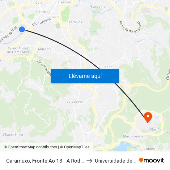 Caramuxo, Fronte Ao 13 - A Roda (Vigo) to Universidade de Vigo map