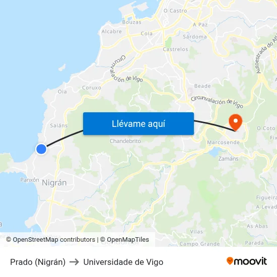 Prado (Nigrán) to Universidade de Vigo map