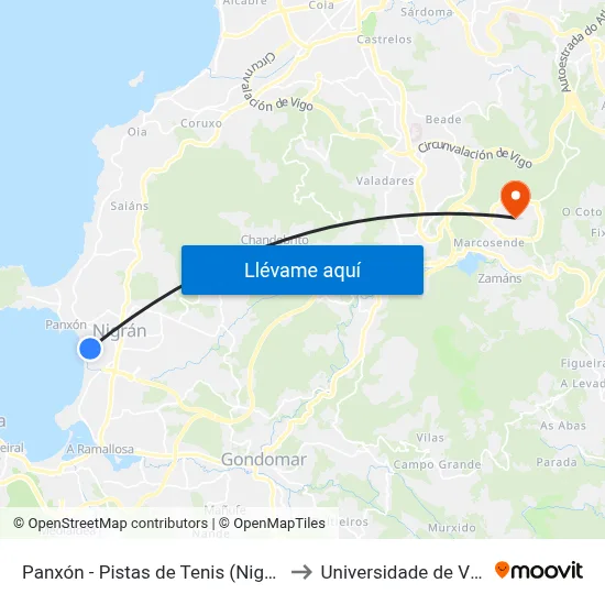Panxón - Pistas de Tenis (Nigrán) to Universidade de Vigo map