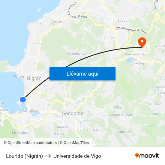 Lourido (Nigrán) to Universidade de Vigo map