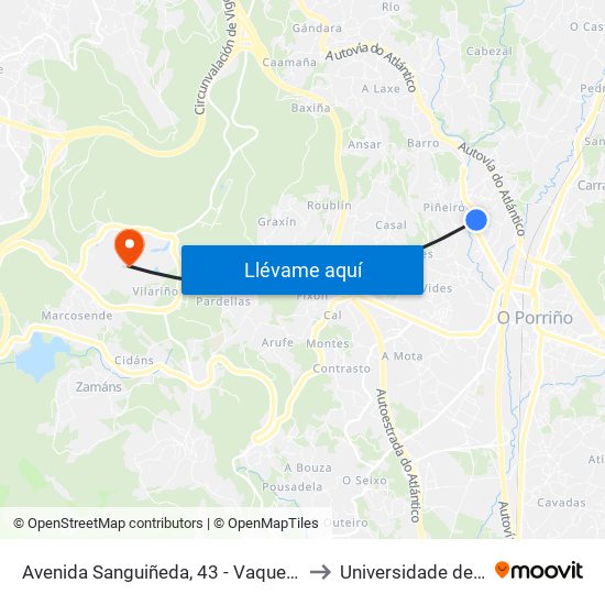Avenida Sanguiñeda, 43 - Vaquero (Mos) to Universidade de Vigo map