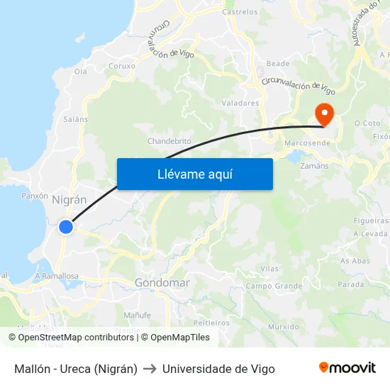 Mallón - Ureca (Nigrán) to Universidade de Vigo map
