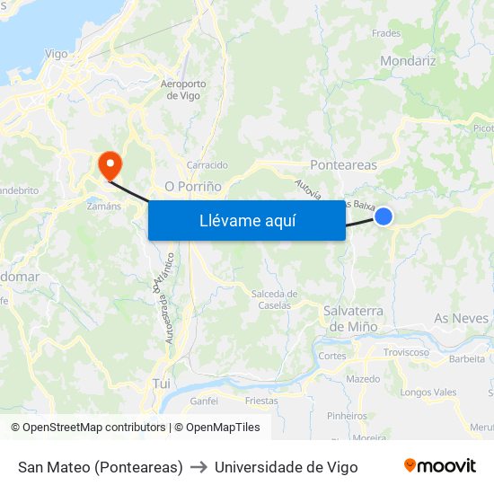 San Mateo (Ponteareas) to Universidade de Vigo map