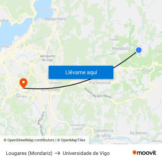 Lougares (Mondariz) to Universidade de Vigo map