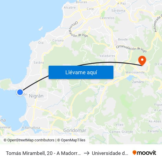 Tomás Mirambell, 20 - A Madorra (Nigrán) to Universidade de Vigo map