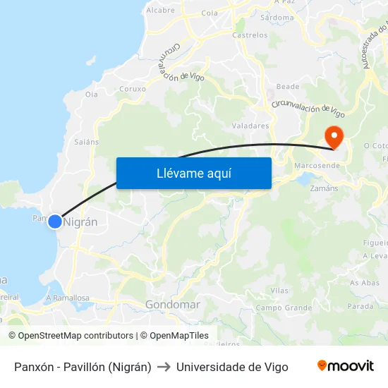 Panxón - Pavillón (Nigrán) to Universidade de Vigo map
