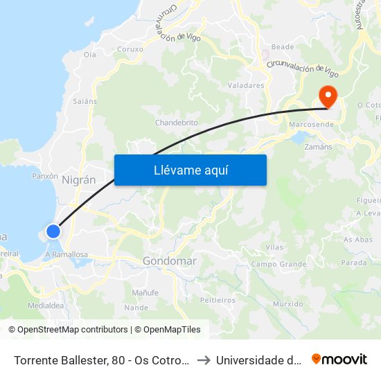 Lourido (Nigrán) to Universidade de Vigo map