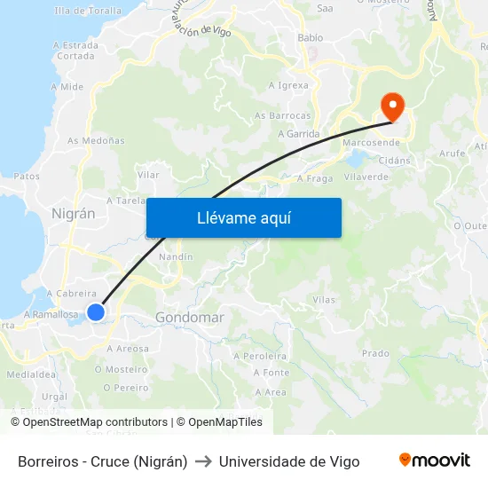 Borreiros - Cruce (Nigrán) to Universidade de Vigo map