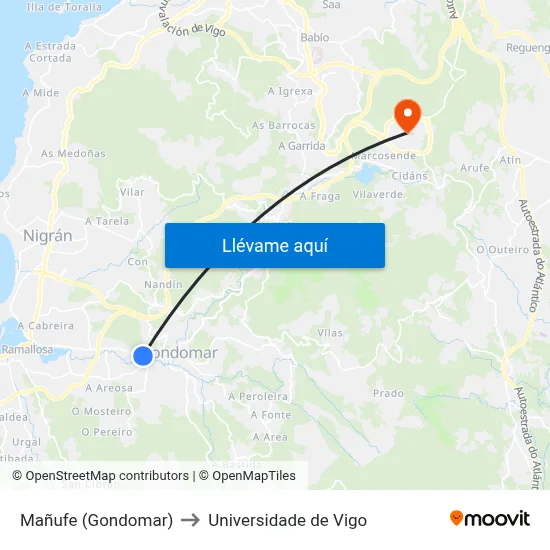 Mañufe (Gondomar) to Universidade de Vigo map
