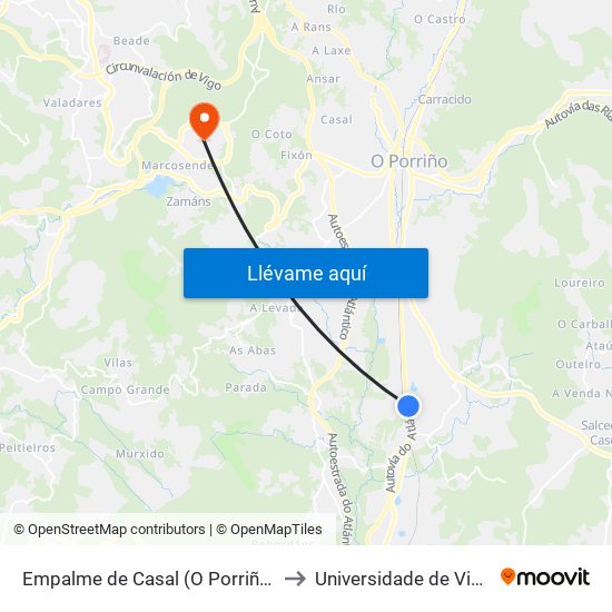 Empalme de Casal (O Porriño) to Universidade de Vigo map
