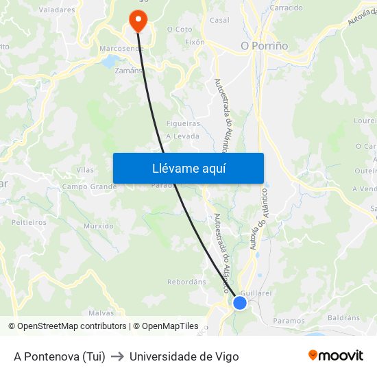 A Pontenova (Tui) to Universidade de Vigo map