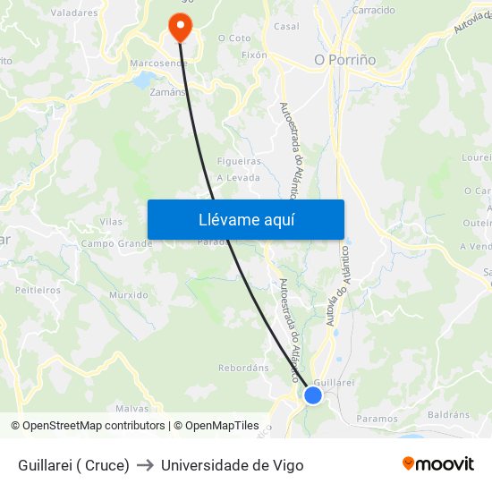 Guillarei ( Cruce) to Universidade de Vigo map