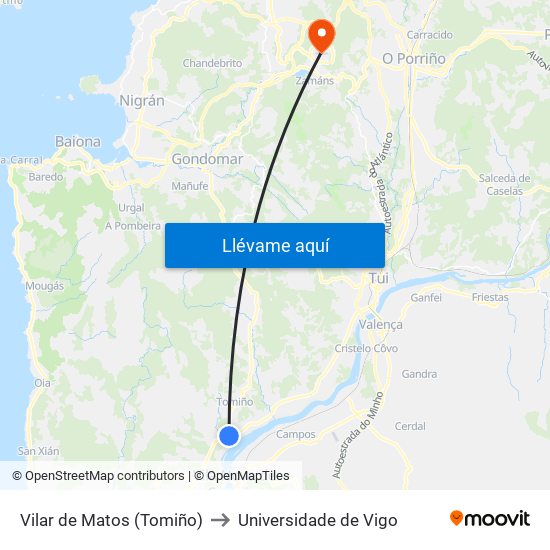 Vilar de Matos (Tomiño) to Universidade de Vigo map