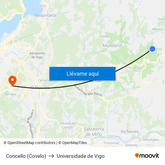 Concello (Covelo) to Universidade de Vigo map