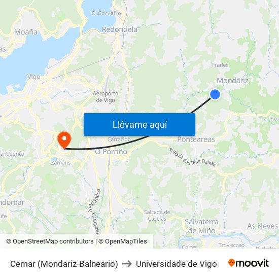 Cemar (Mondariz-Balneario) to Universidade de Vigo map