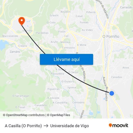 A Casilla (O Porriño) to Universidade de Vigo map