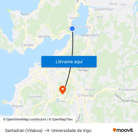 Santadrán (Vilaboa) to Universidade de Vigo map