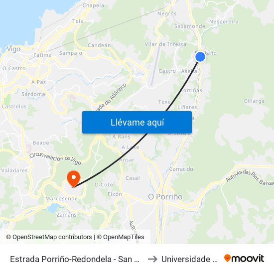 Estrada Porriño-Redondela - San Gregorio (Mos) to Universidade de Vigo map