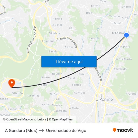 A Gándara (Mos) to Universidade de Vigo map